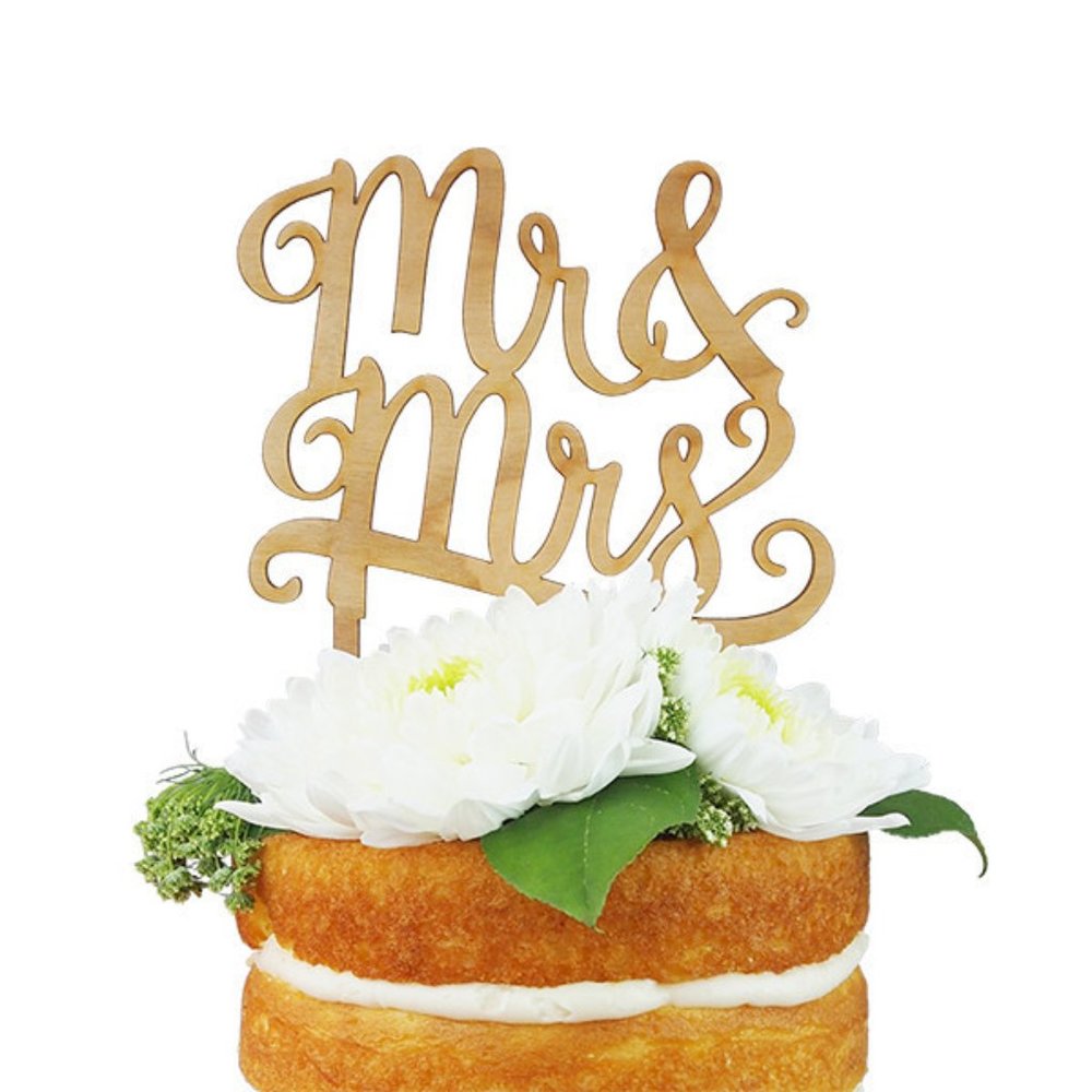 Mr. and Mrs. Cherry Wood Wedding Cake Topper - New with Tags